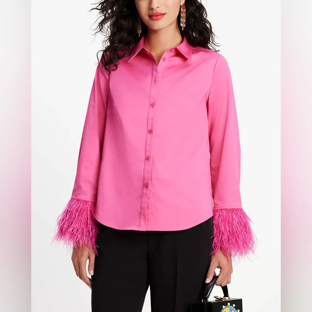 Feather Trim  Poplin Shirt in Vivid Snapdragon